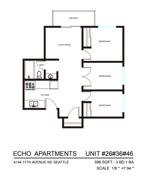 Floor plan for 3 beds, 1 bath, 600 sqft
